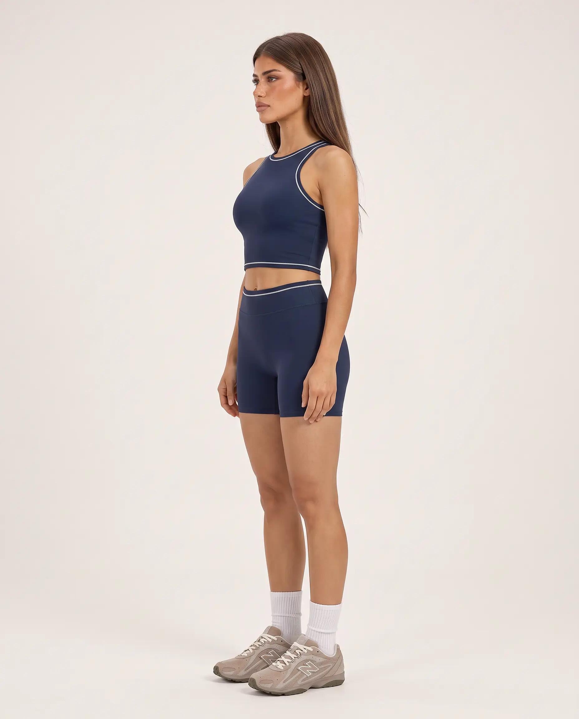 Short de sport fitness femme taille haute piping Varsity - Bleu nuit 5/7