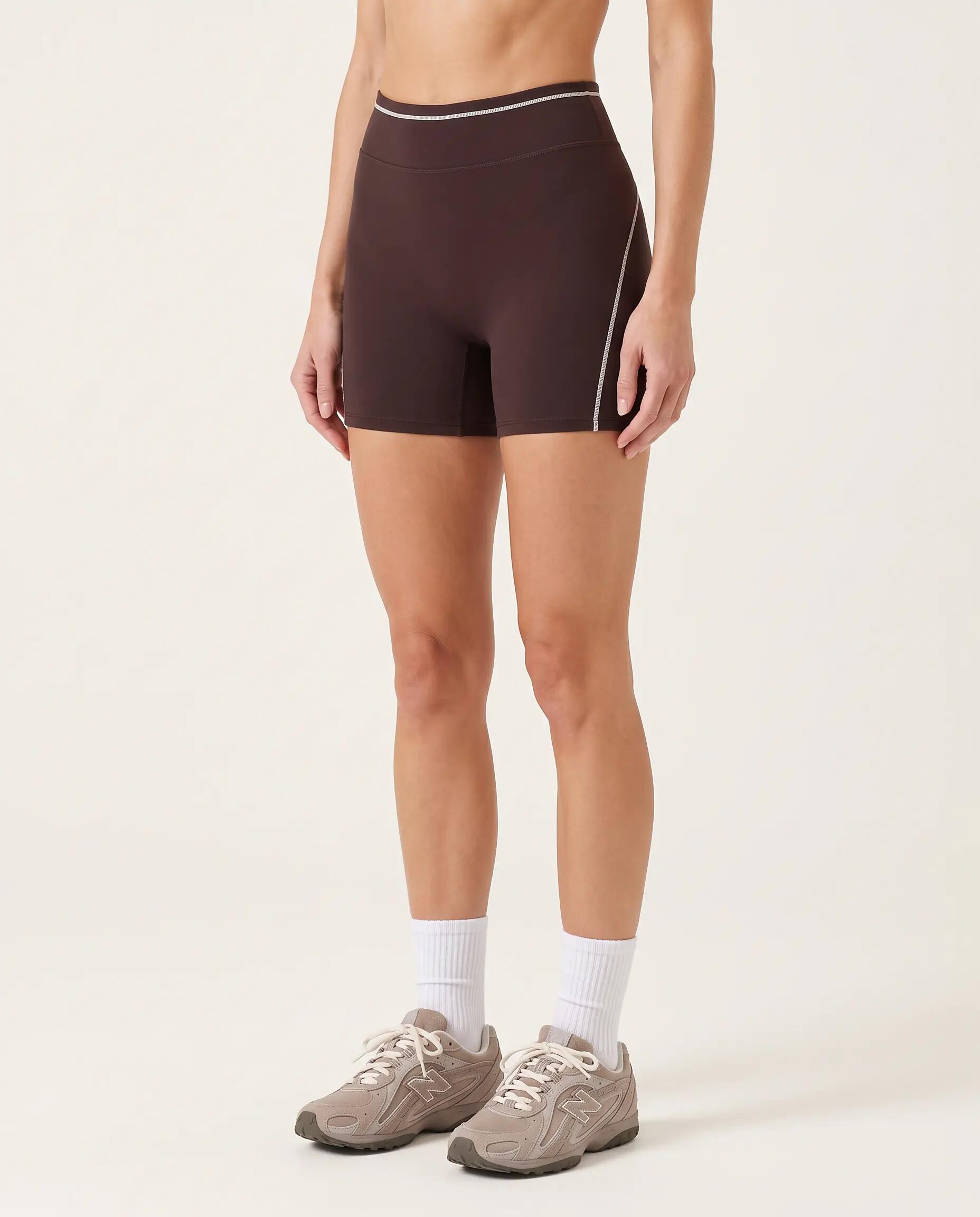 Short de sport fitness femme taille haute piping Varsity - Marron foncé 3/6