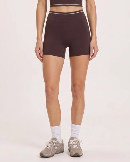Short de sport fitness femme taille haute piping Varsity - Marron foncé