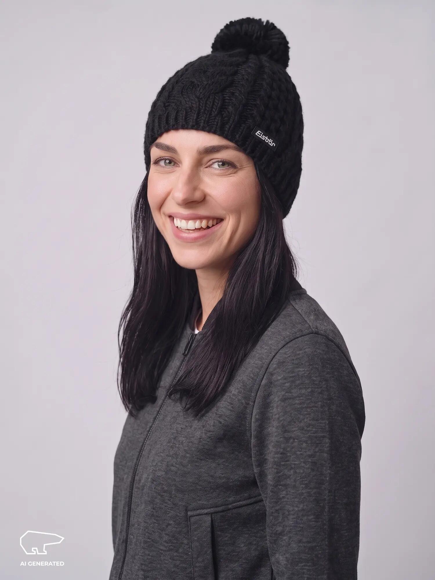 Muts Afra muts met pompon dames wintermuts fleece pompon warm Merino 3/4