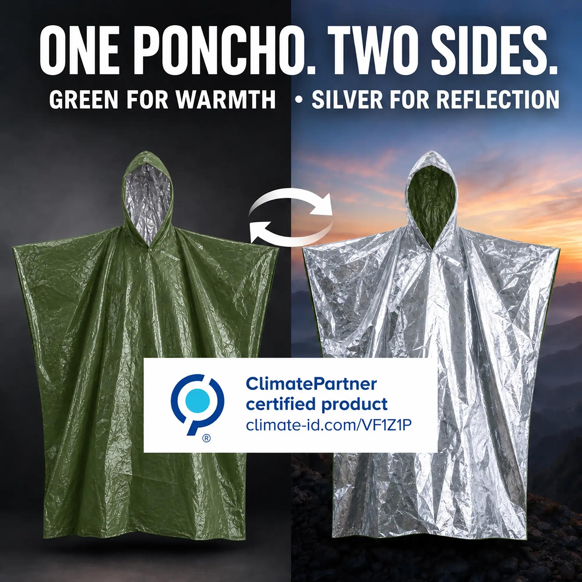 Emergency Survival Reversible Foil Poncho: Rain, Festivals, Hiking (Green, 4pc) 7/16
