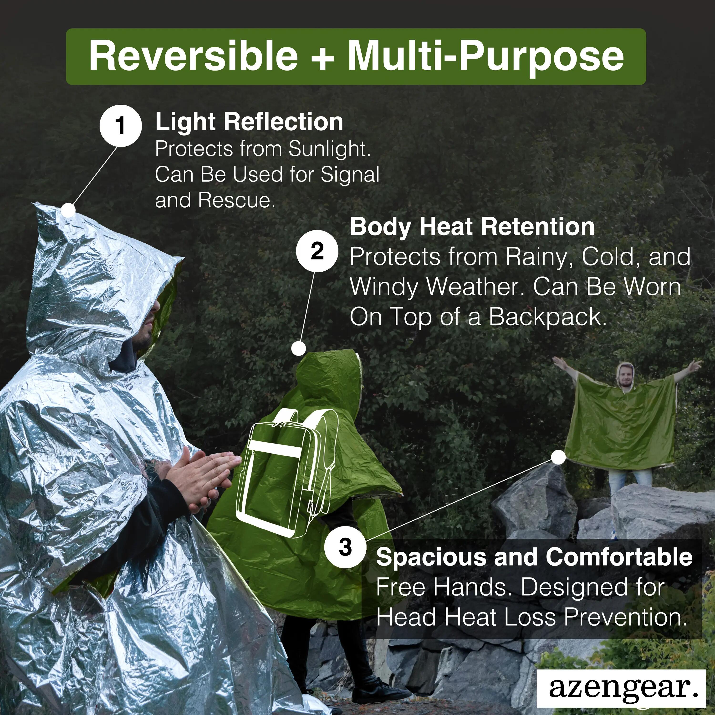 Emergency Survival Reversible Foil Poncho: Rain, Festivals, Hiking (Green, 4pc) 6/16