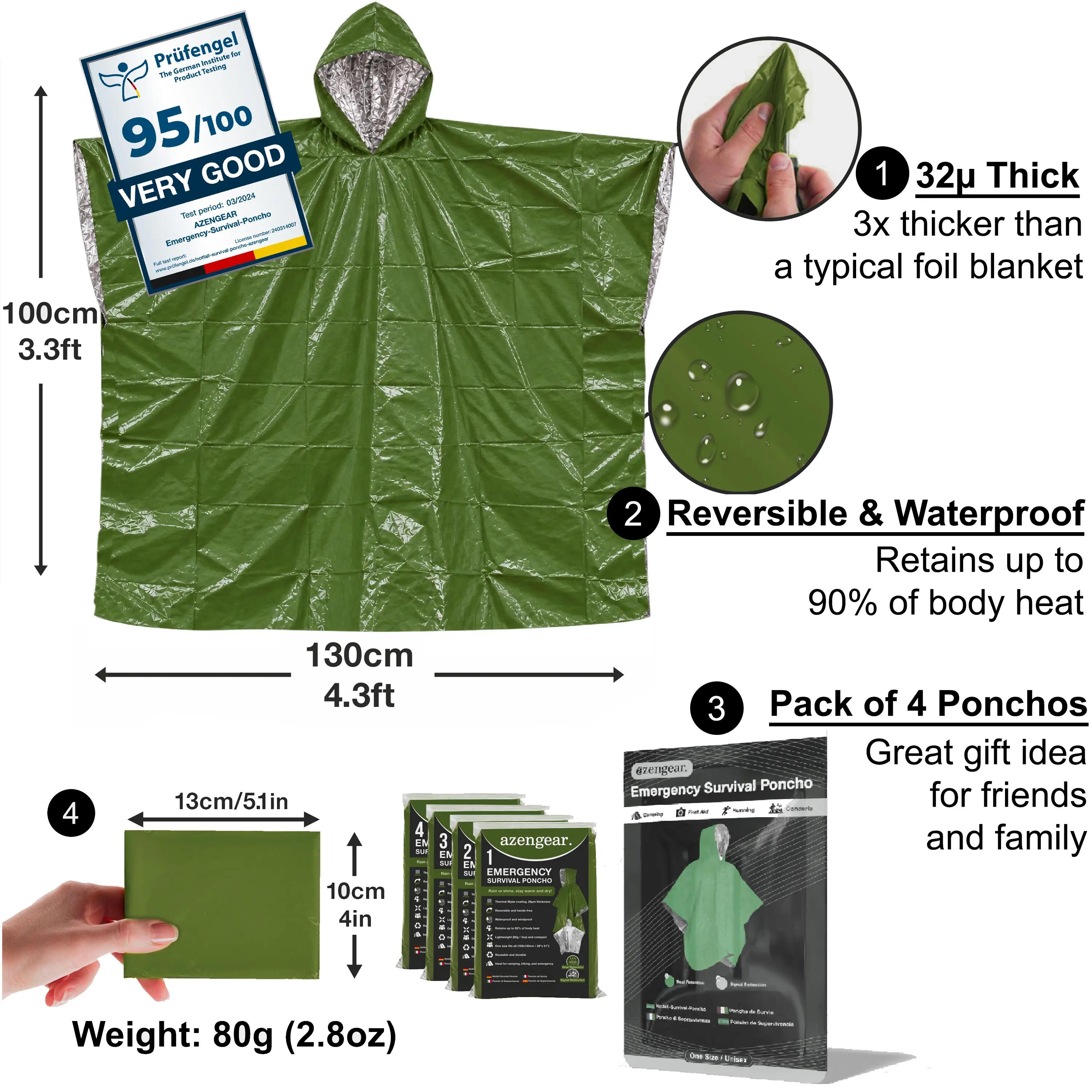 Emergency Survival Reversible Foil Poncho: Rain, Festivals, Hiking (Green, 4pc) 3/16