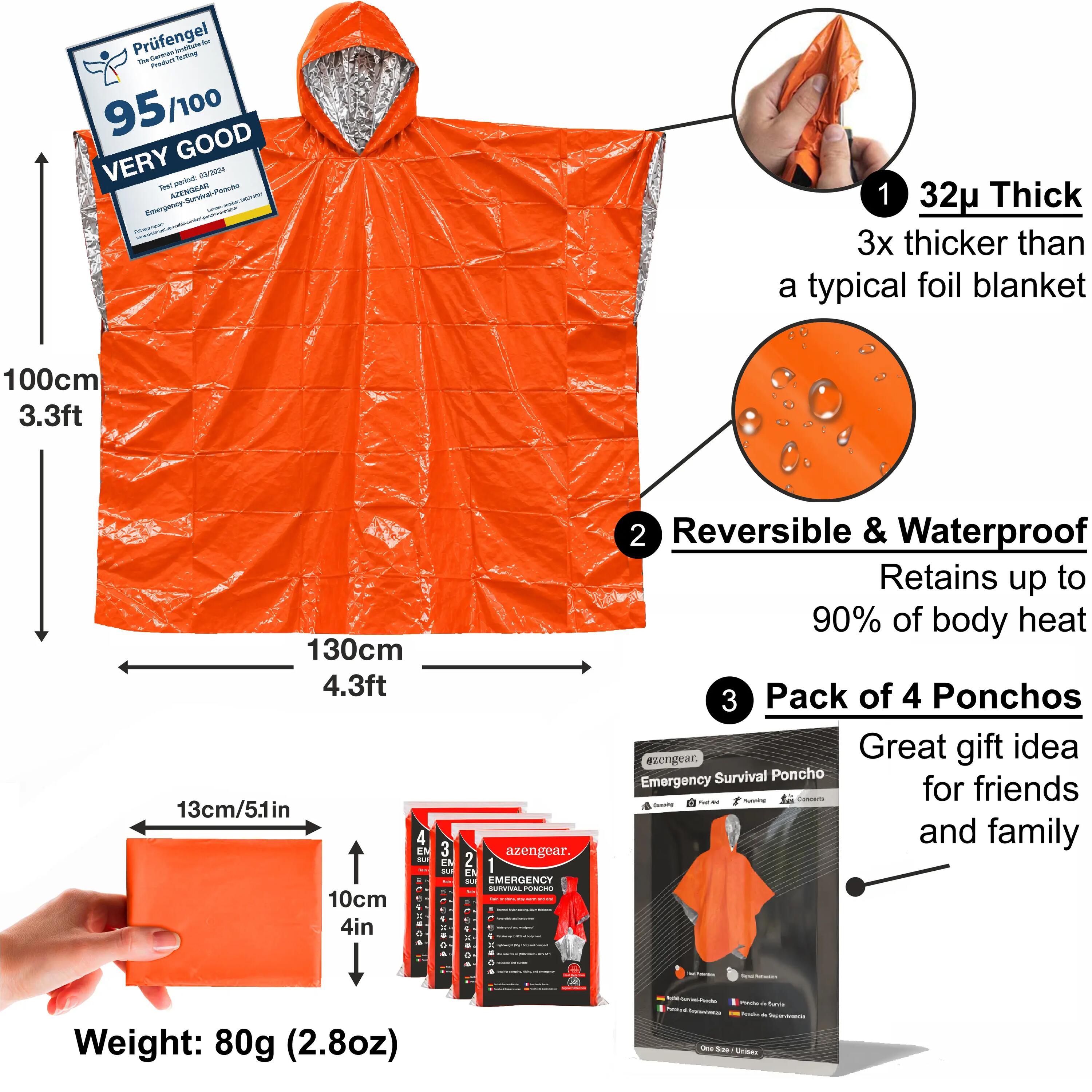 Poncho de Survie (Lot de 4) Couverture Thermique en Mylar, Imperméable 2/15