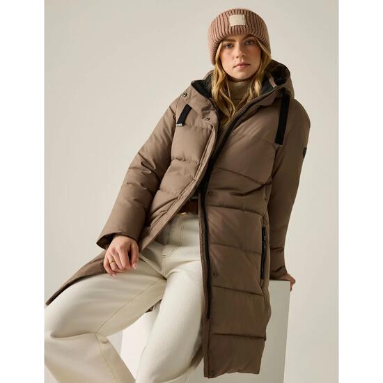 Veste Longue Matelassée Et Unie À Capuche Amovible ERYN Femme (Marron / Noir)