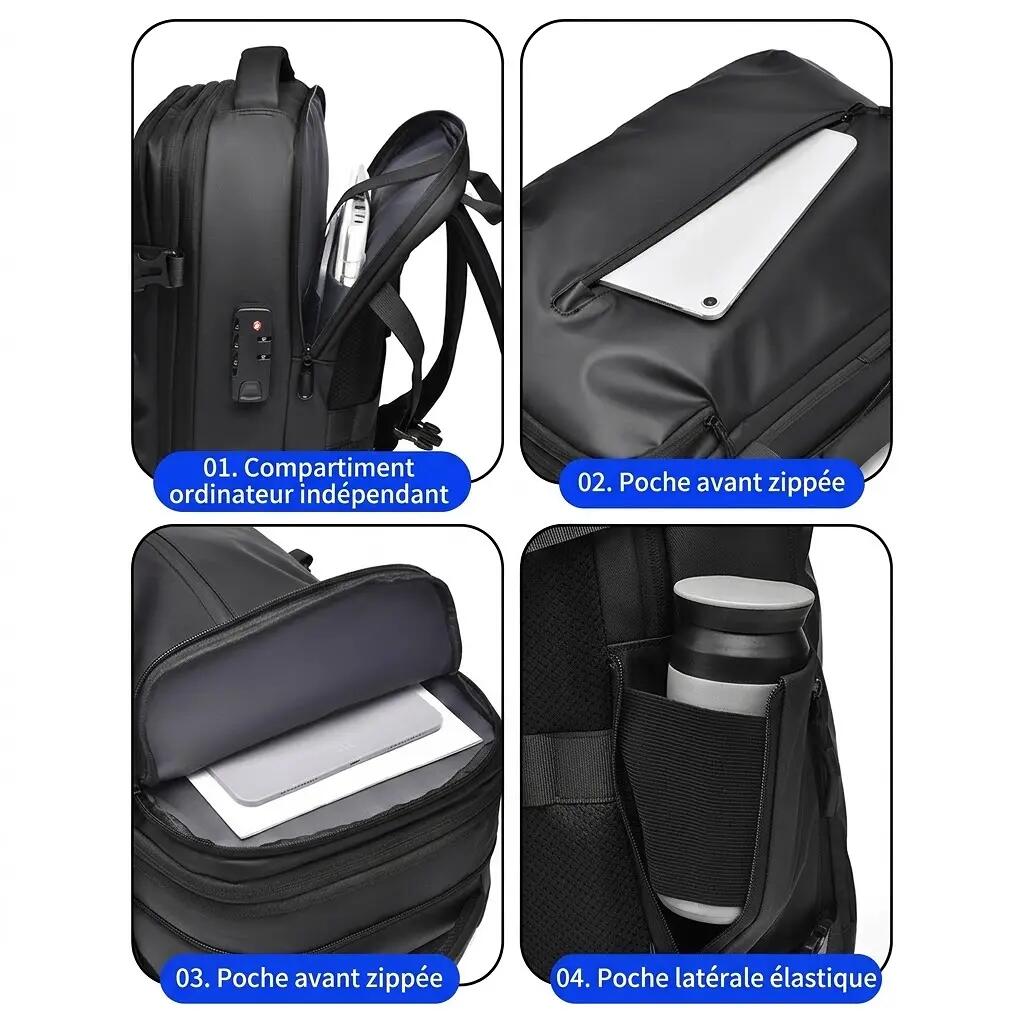 Sac à dos business extensible 25-30L avec serrure à code - Noir 8/10