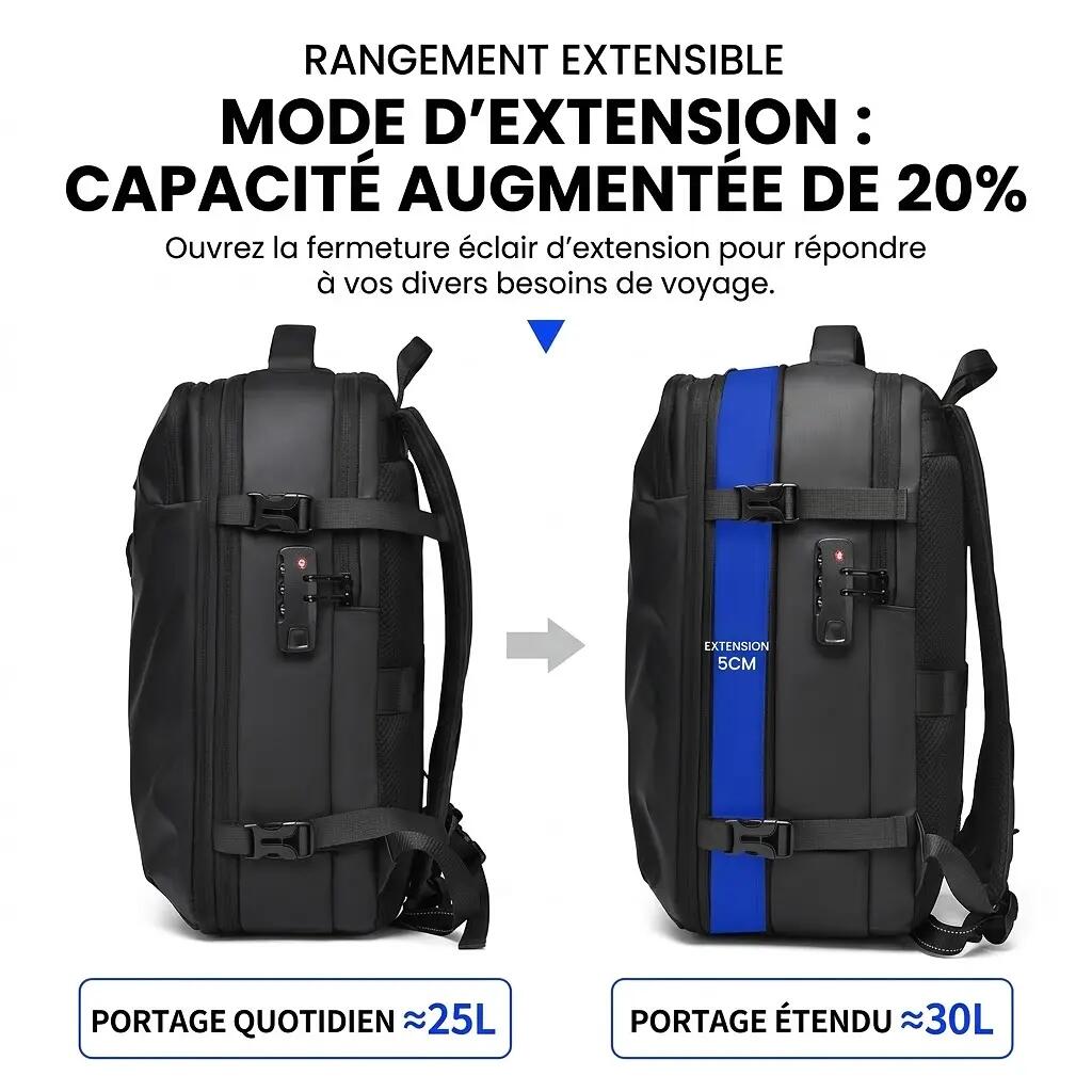 Sac à dos business extensible 25-30L avec serrure à code - Noir 7/10
