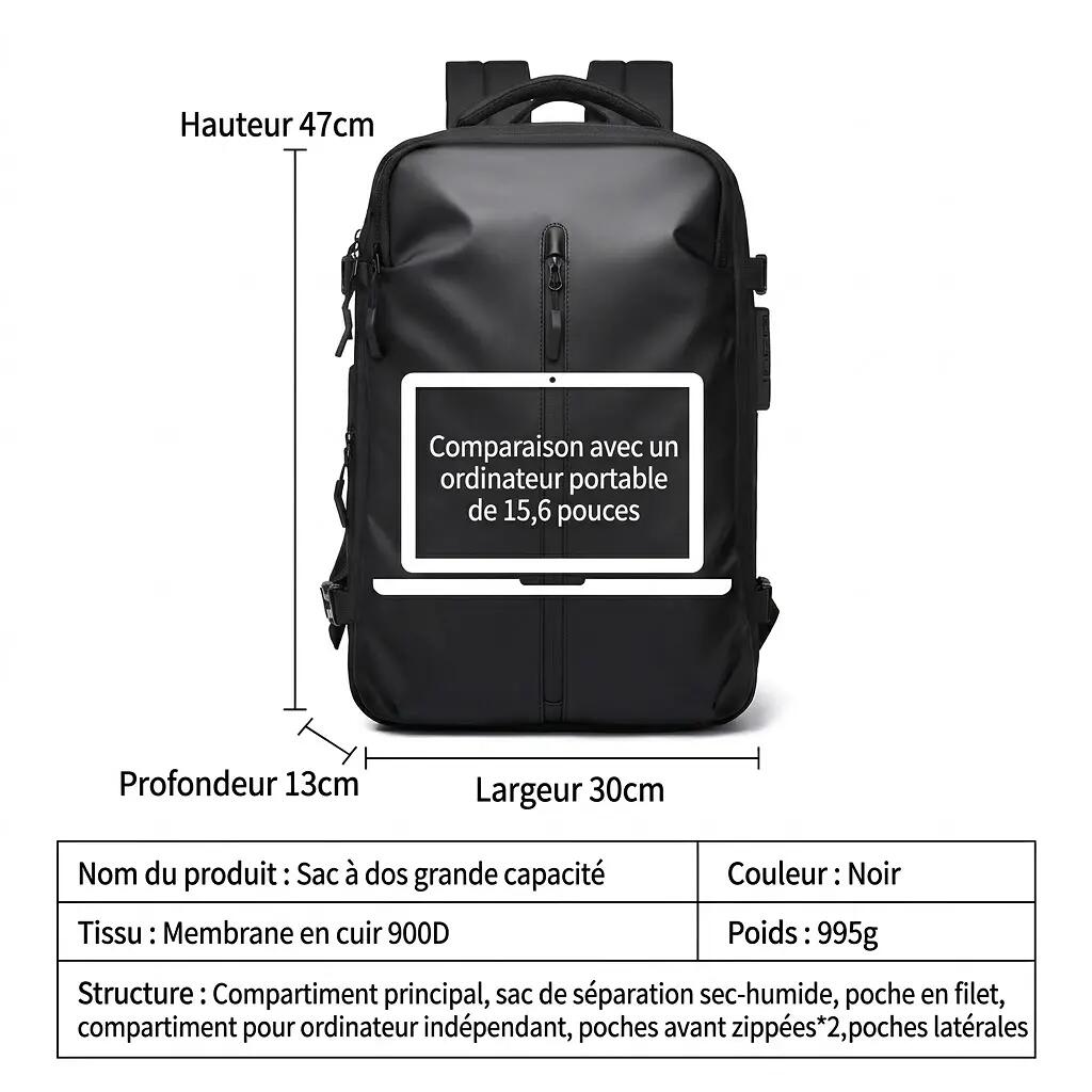 Sac à dos business extensible 25-30L avec serrure à code - Noir 10/10