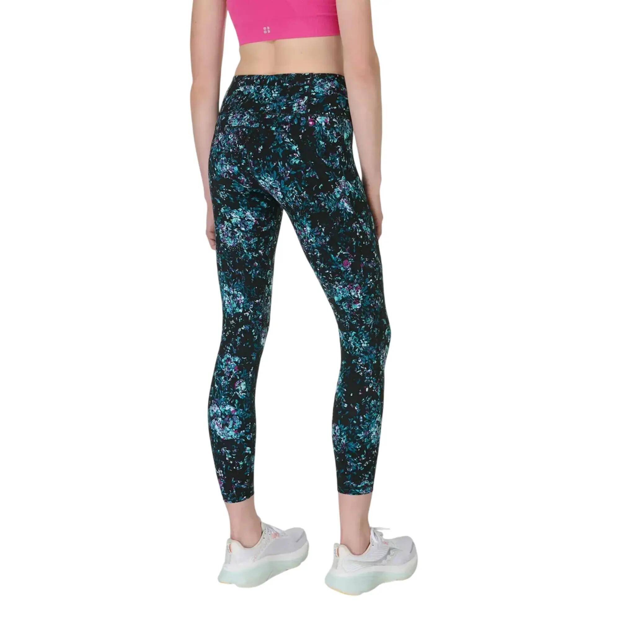 Womens/Ladies Power Peony Workout Leggings (Black) 3/4