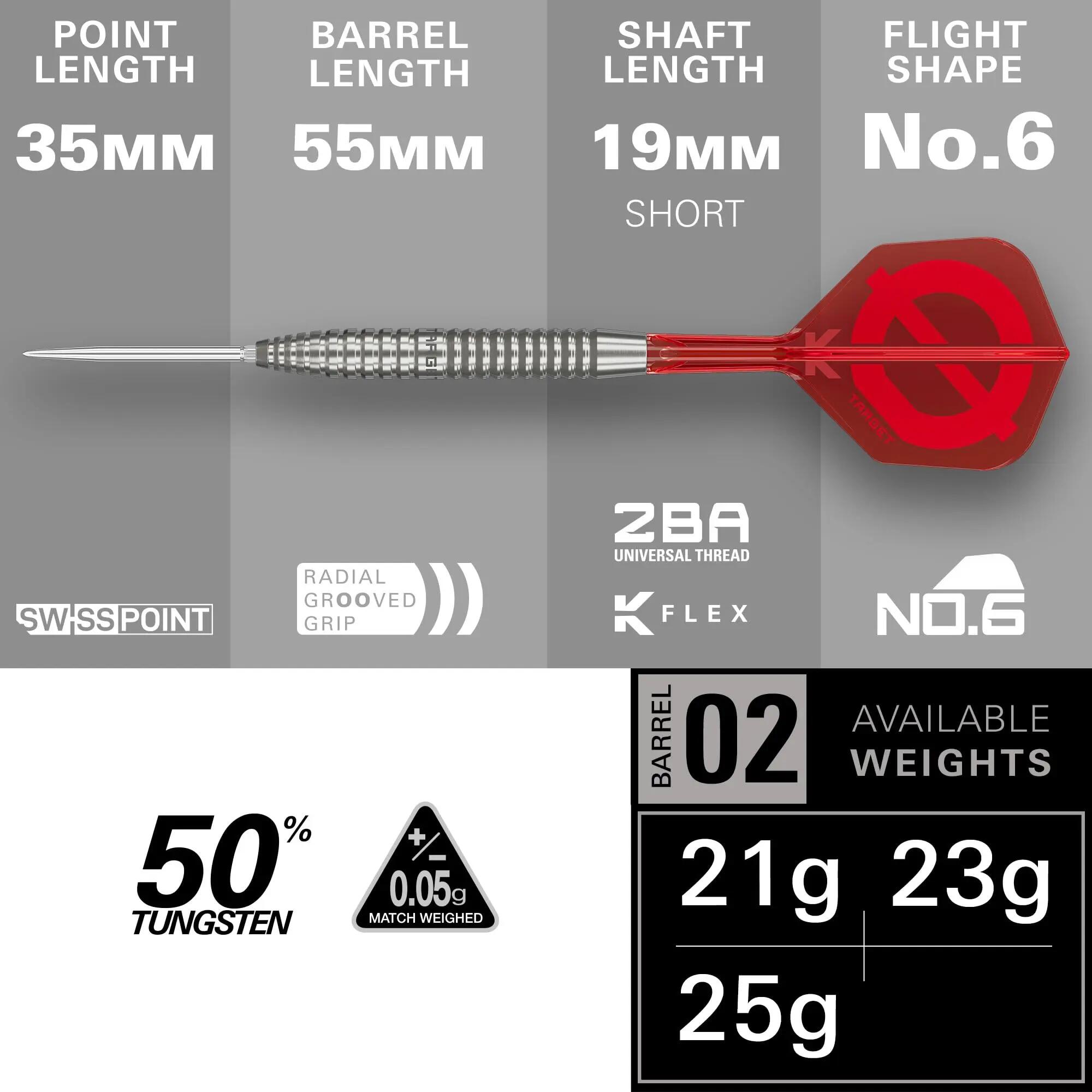 Target Darts GROUP O Steel Tip Dartpijlen 50% Tungsten Swiss Point Barrel 02 23G 2/5