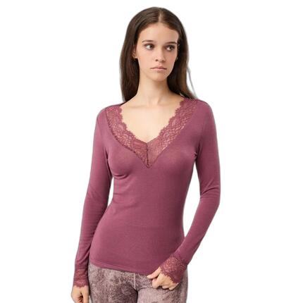 Langarm-T-Shirt mit V-Ausschnitt aus Spitze für Damen Mandala