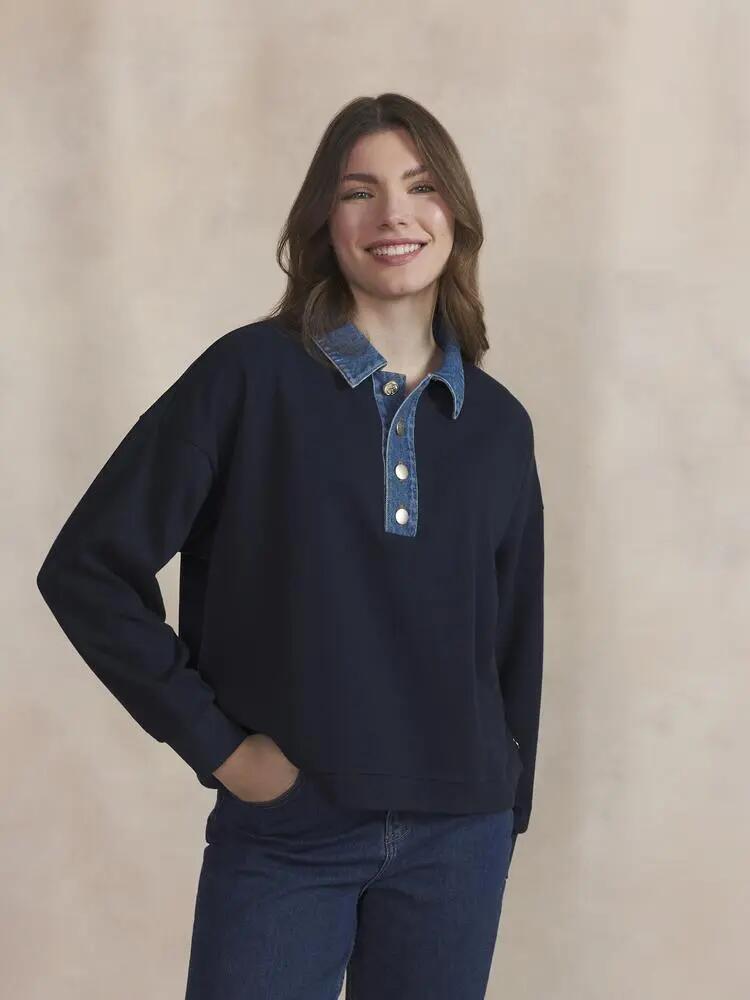 Polo manches longues femme, col boutonné nancypol bleu marine 3/5
