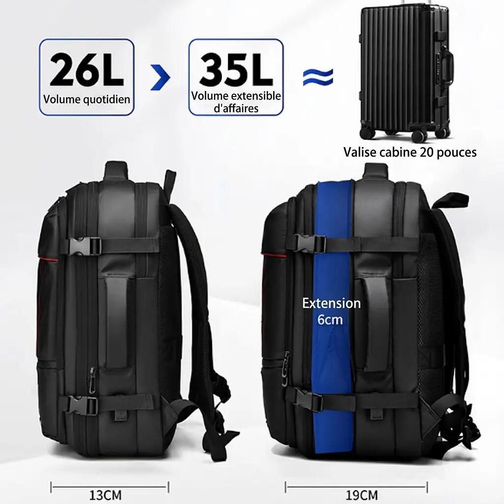 Sac à dos de voyage extensible 26-33L 48x28x13 cm - Noir 4/8