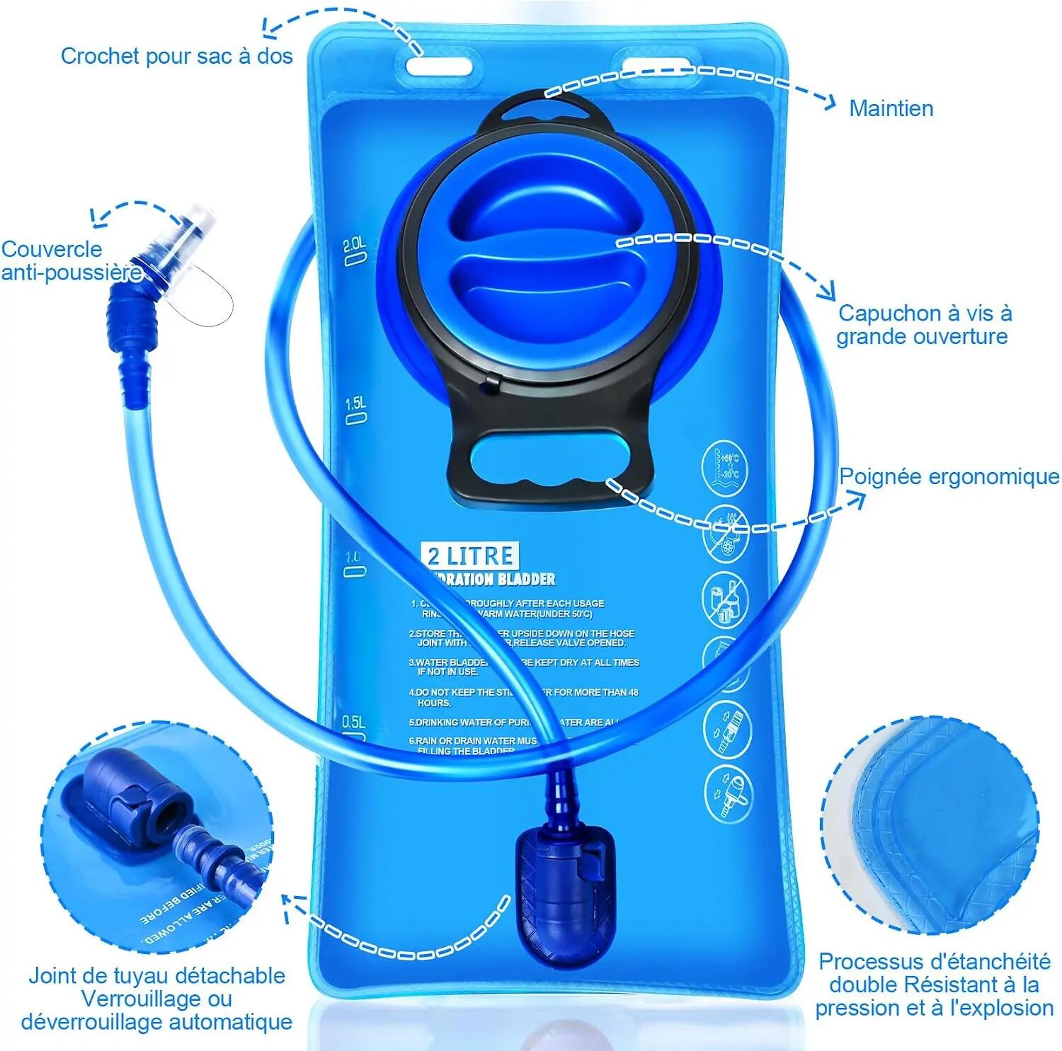 Poche à eau 2L, Poche d'hydratation sans BPA, anti-fuite. Réservoir d'eau à gran 2/7
