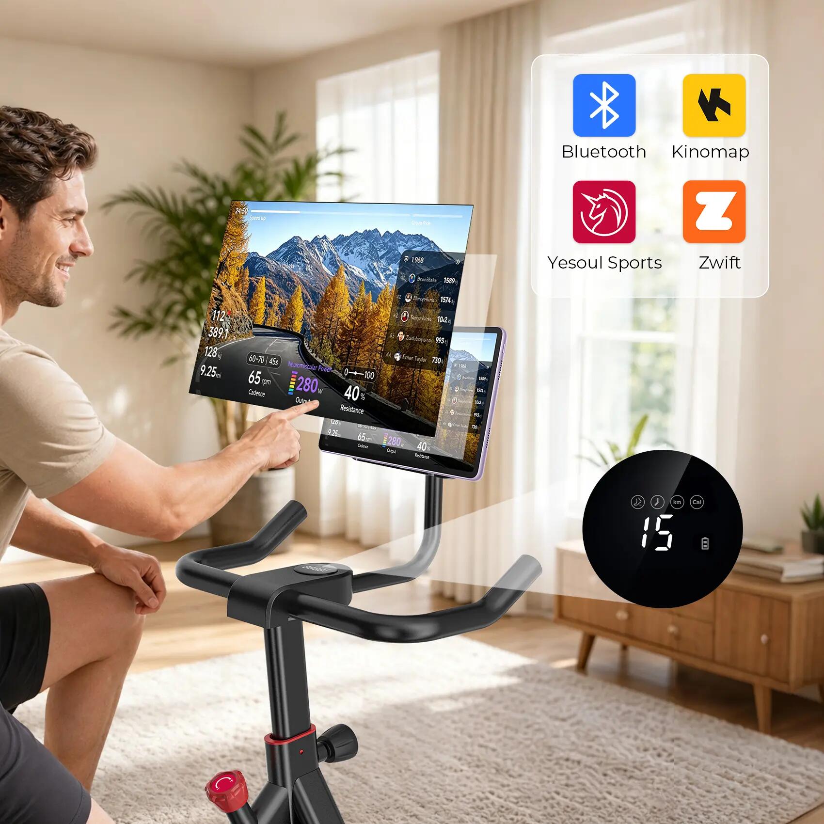C1A Indoor-Cycling-Bike mit Magnetwiderstand, Kinomap & Zwift, bis 120 kg 4/9