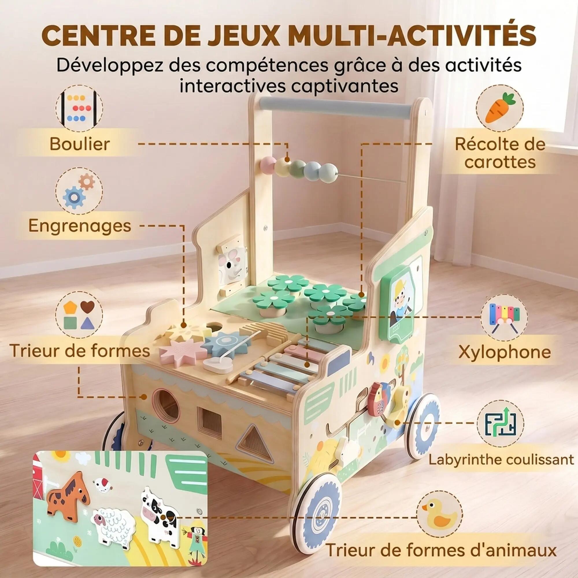 Chariot de marche en bois trotteur bébé multi-activités 4/5