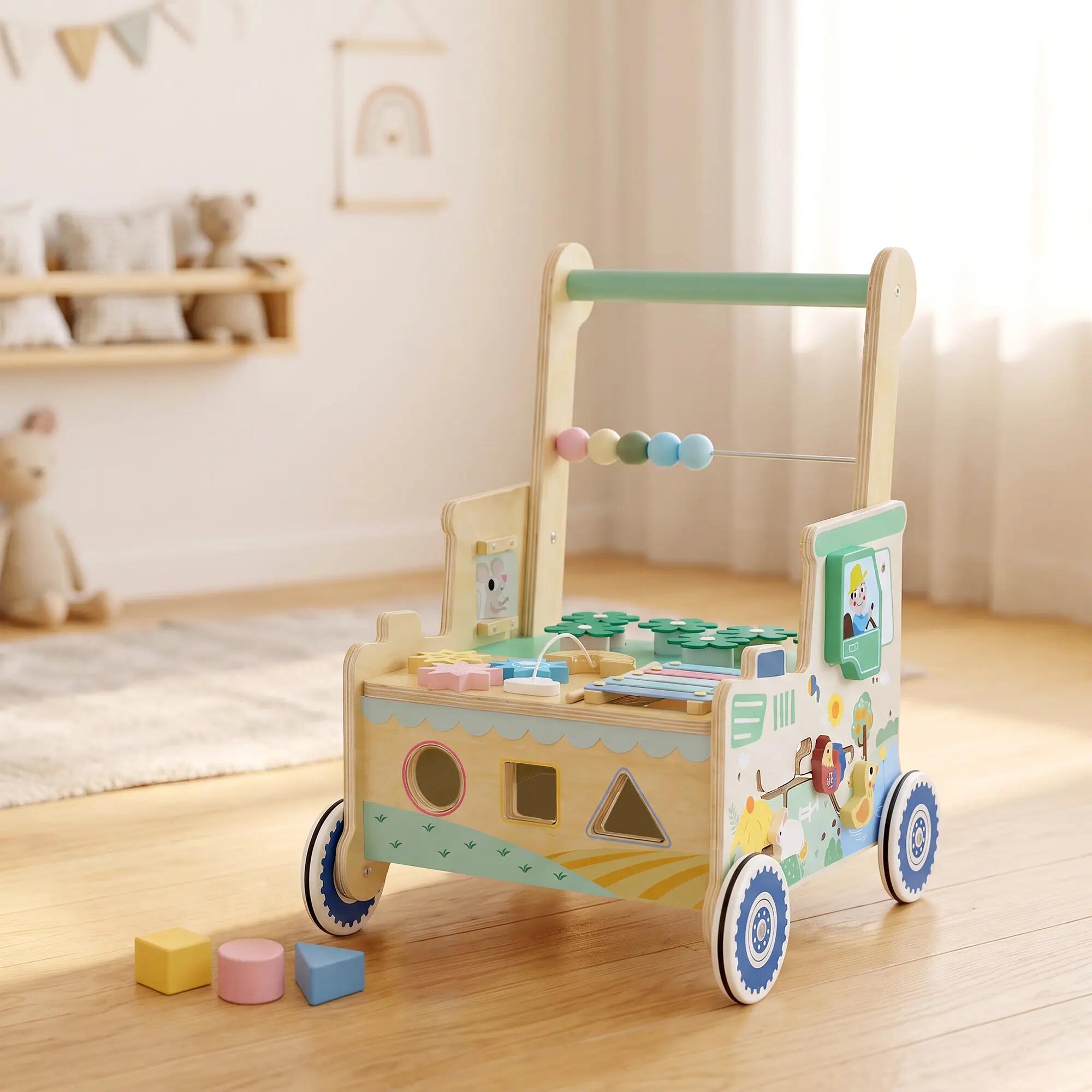 Chariot de marche en bois trotteur bébé multi-activités 2/5