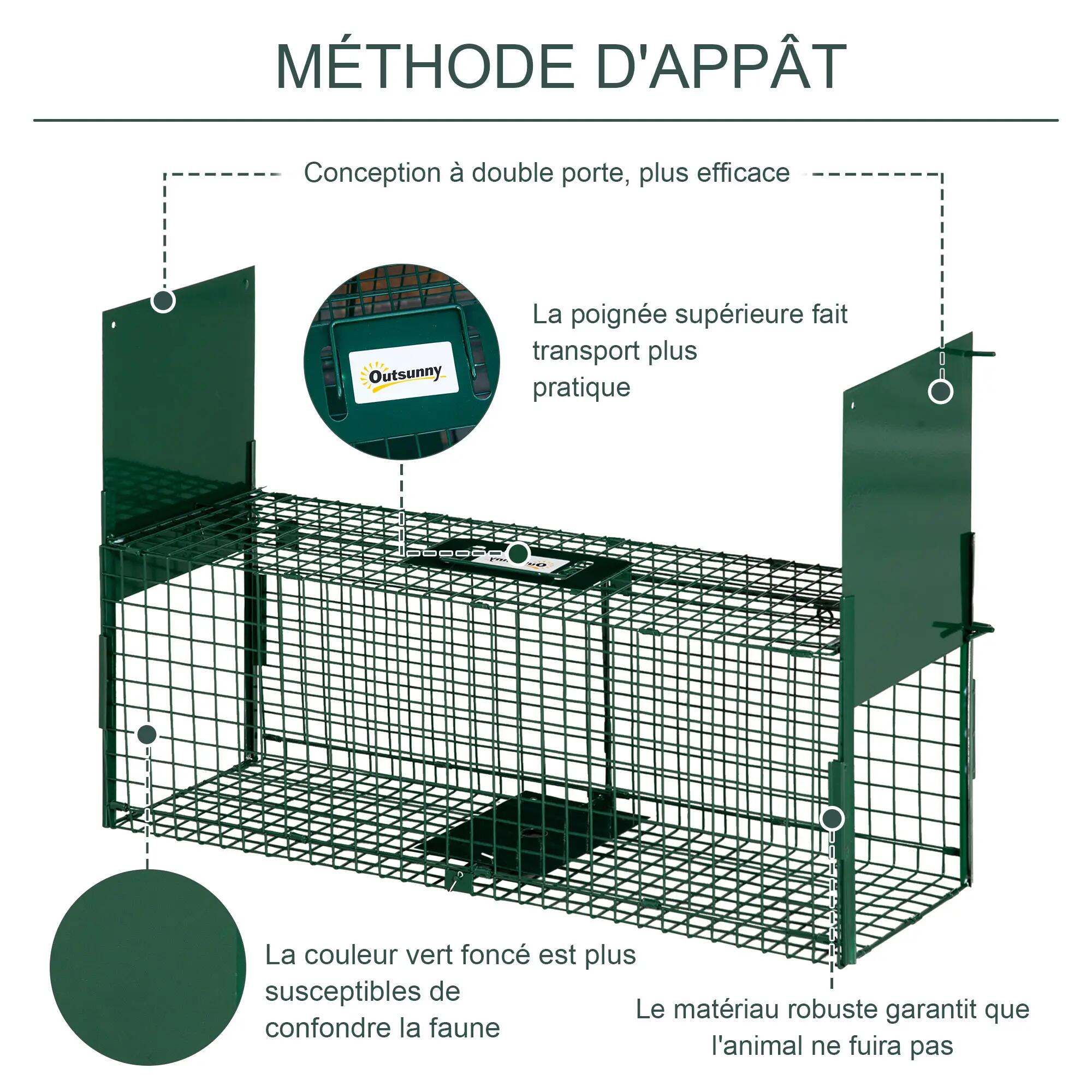 Cage attrape animaux nuisibles acier 2 entrées dim. 80 x 25 x 30 cm vert foncé 8/9