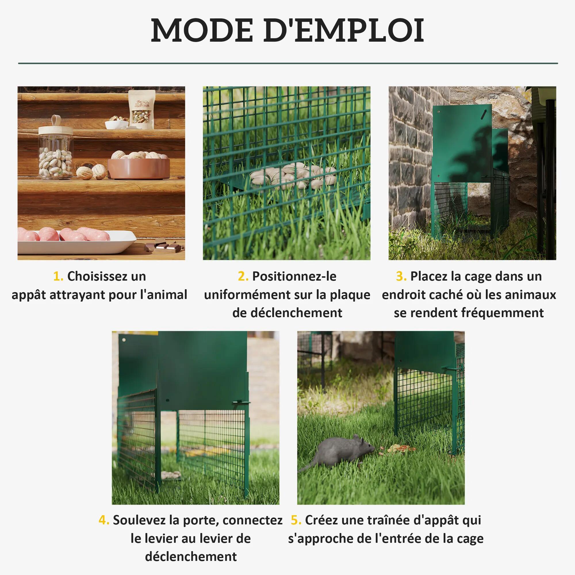 Cage attrape animaux nuisibles acier 2 entrées dim. 80 x 25 x 30 cm vert foncé 6/9