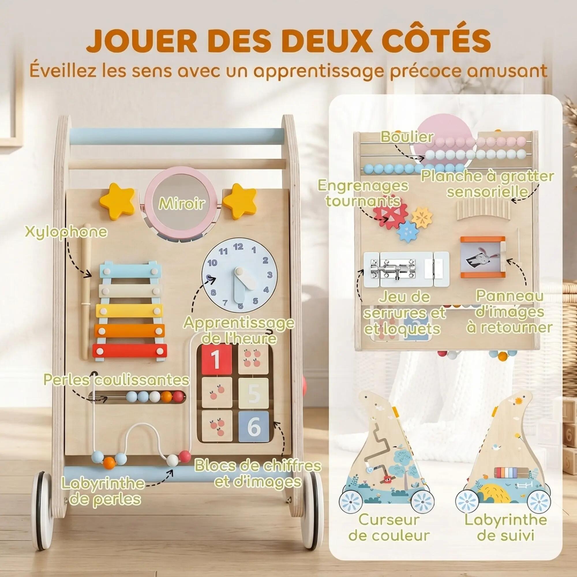 Chariot de marche en bois trotteur bébé avec tableau d'activités 5/5