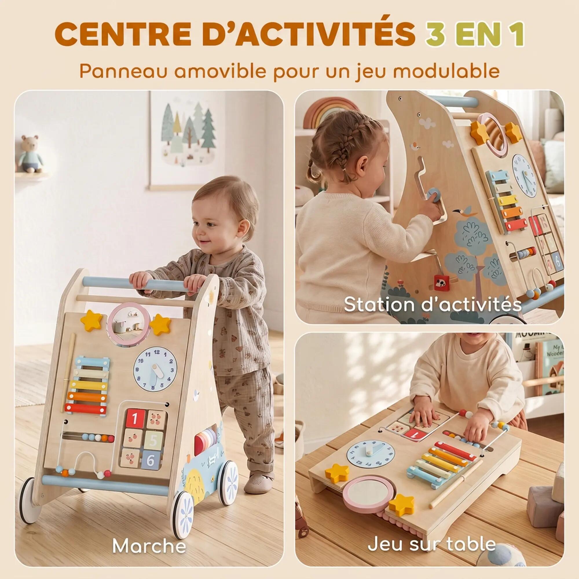 Chariot de marche en bois trotteur bébé avec tableau d'activités 4/5