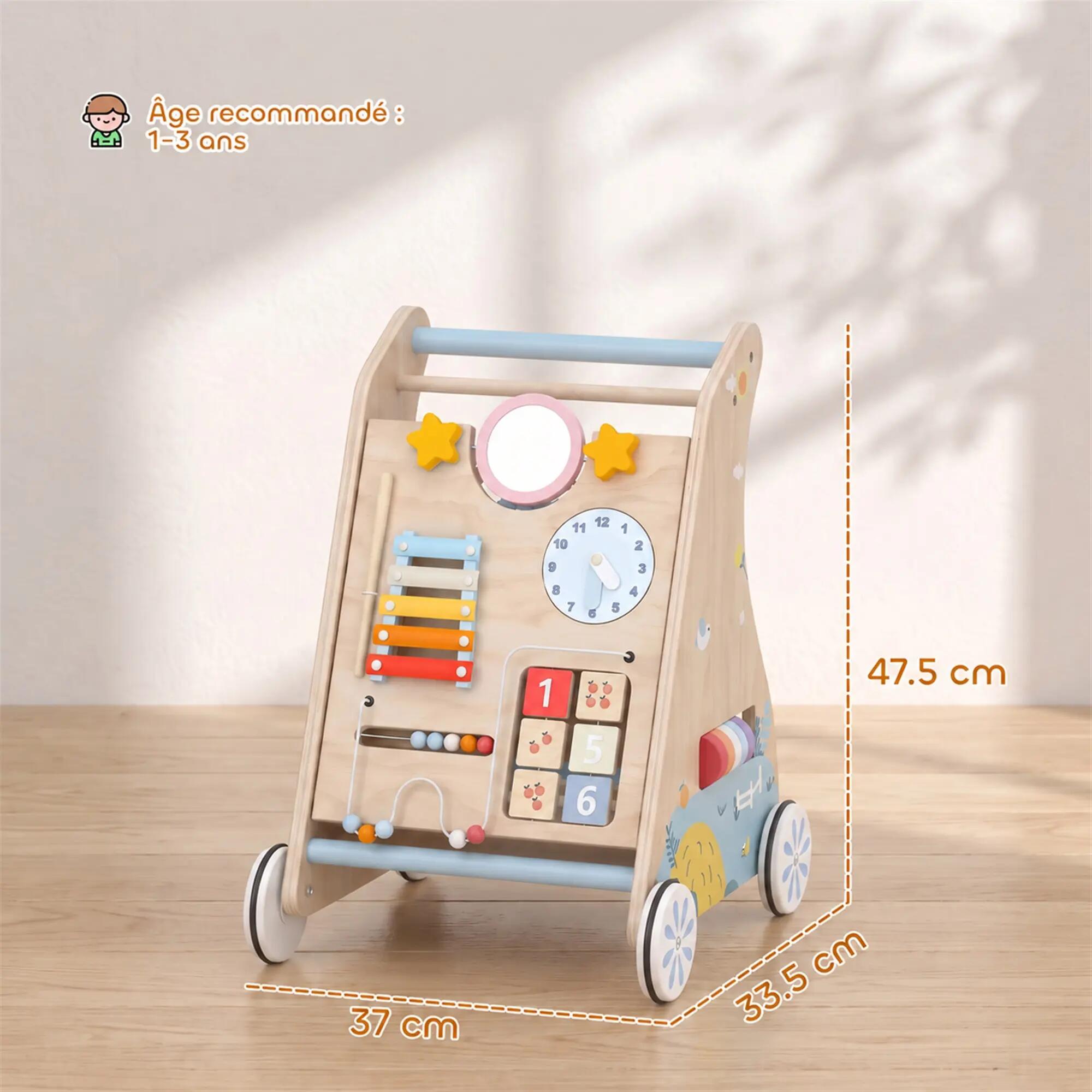 Chariot de marche en bois trotteur bébé avec tableau d'activités 3/5
