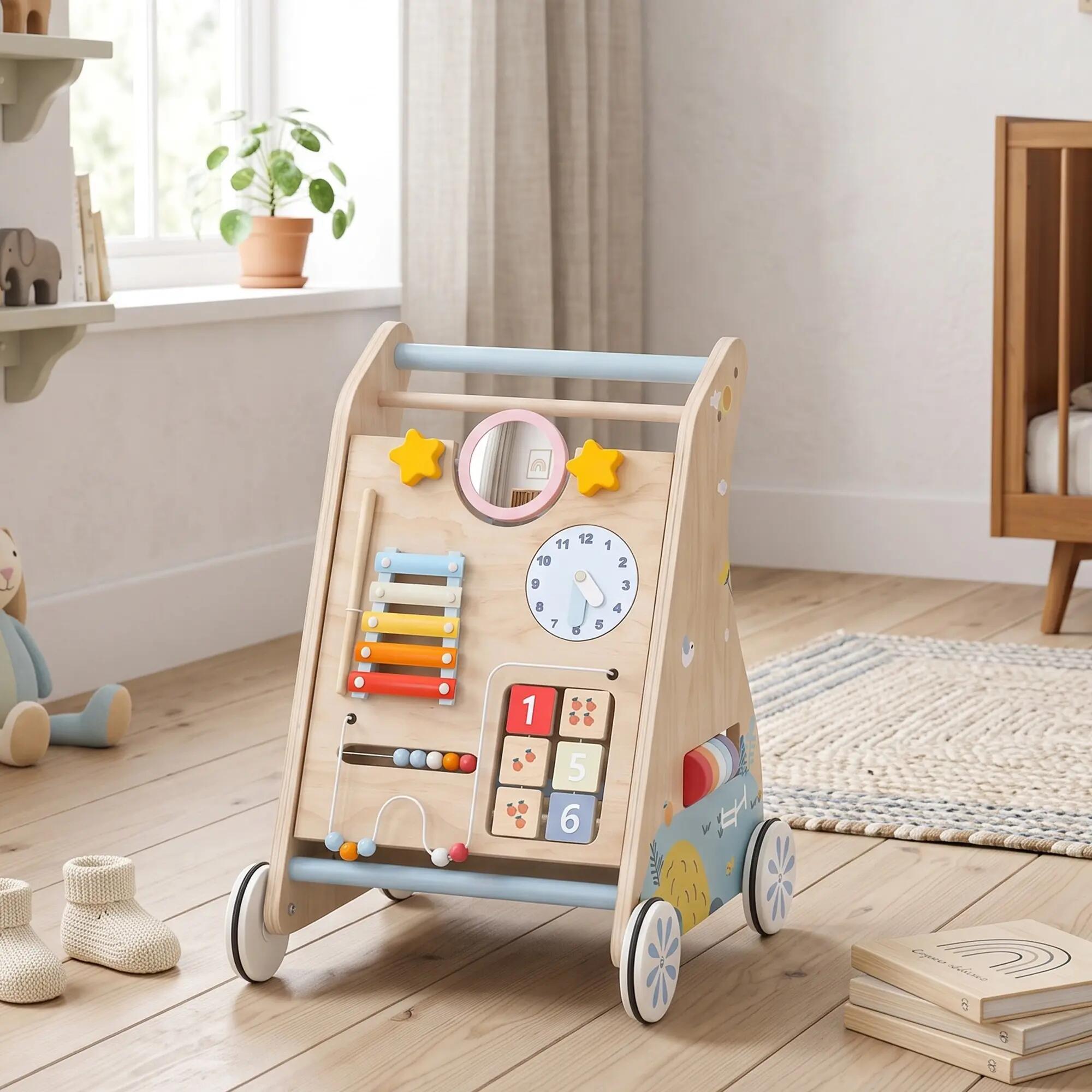 Chariot de marche en bois trotteur bébé avec tableau d'activités 2/5