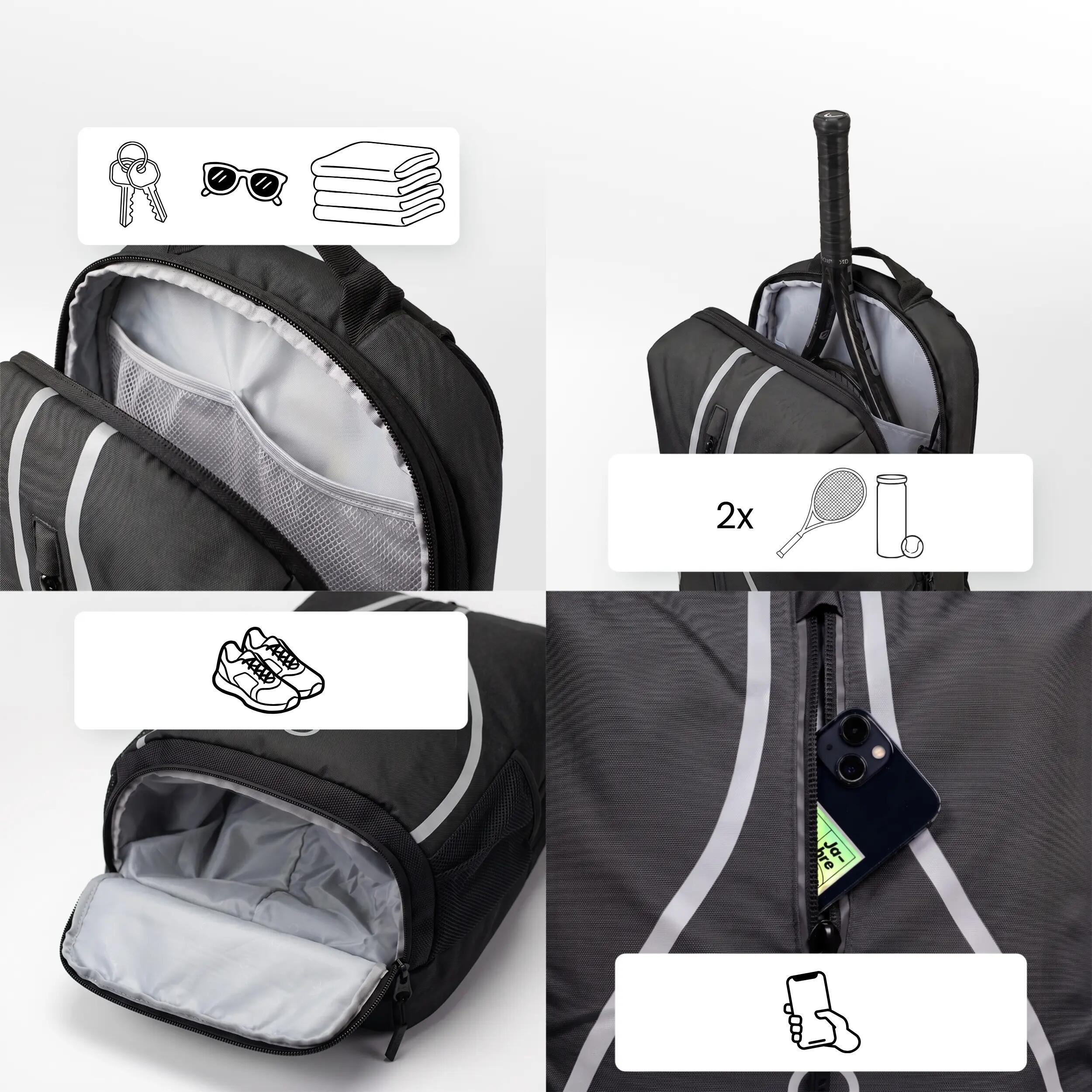 Zaino da tennis con vano scarpe 1-2 racchette | Classic 30L Nero 5/8