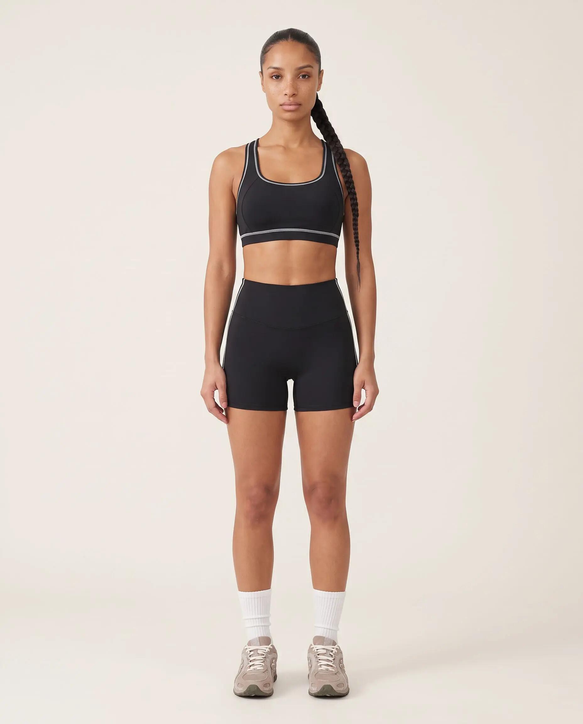 Damen Fitness Shorts hoher Bund mittellang Kontrastpaspel Track - Schwarz 4/8