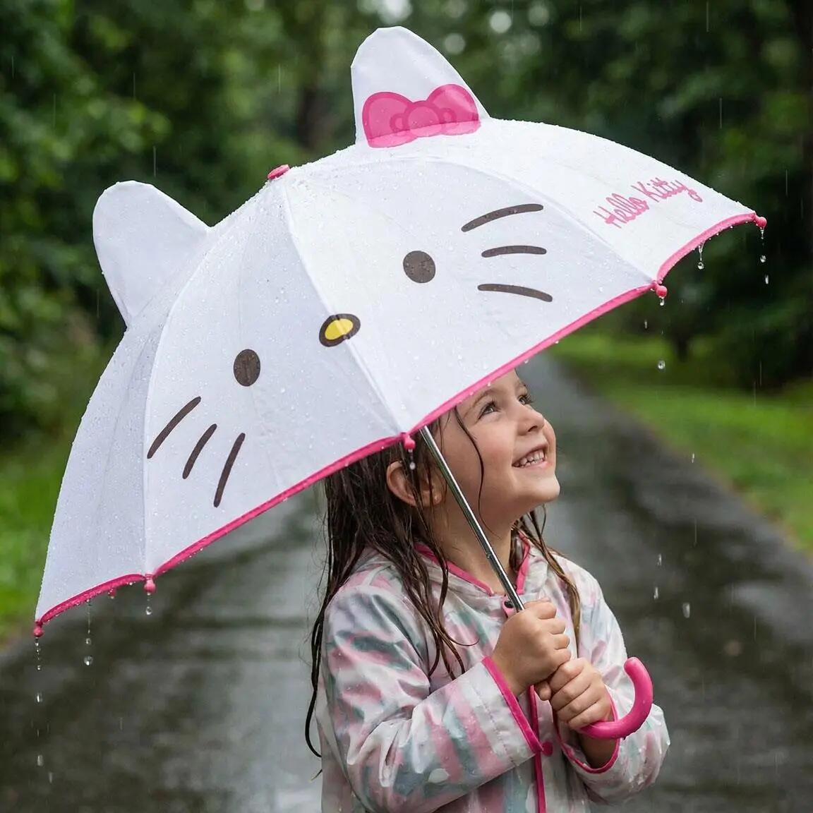 Parapluie manuel Hello Kitty pour enfants avec baleines en fibre blanche et rose 8/8