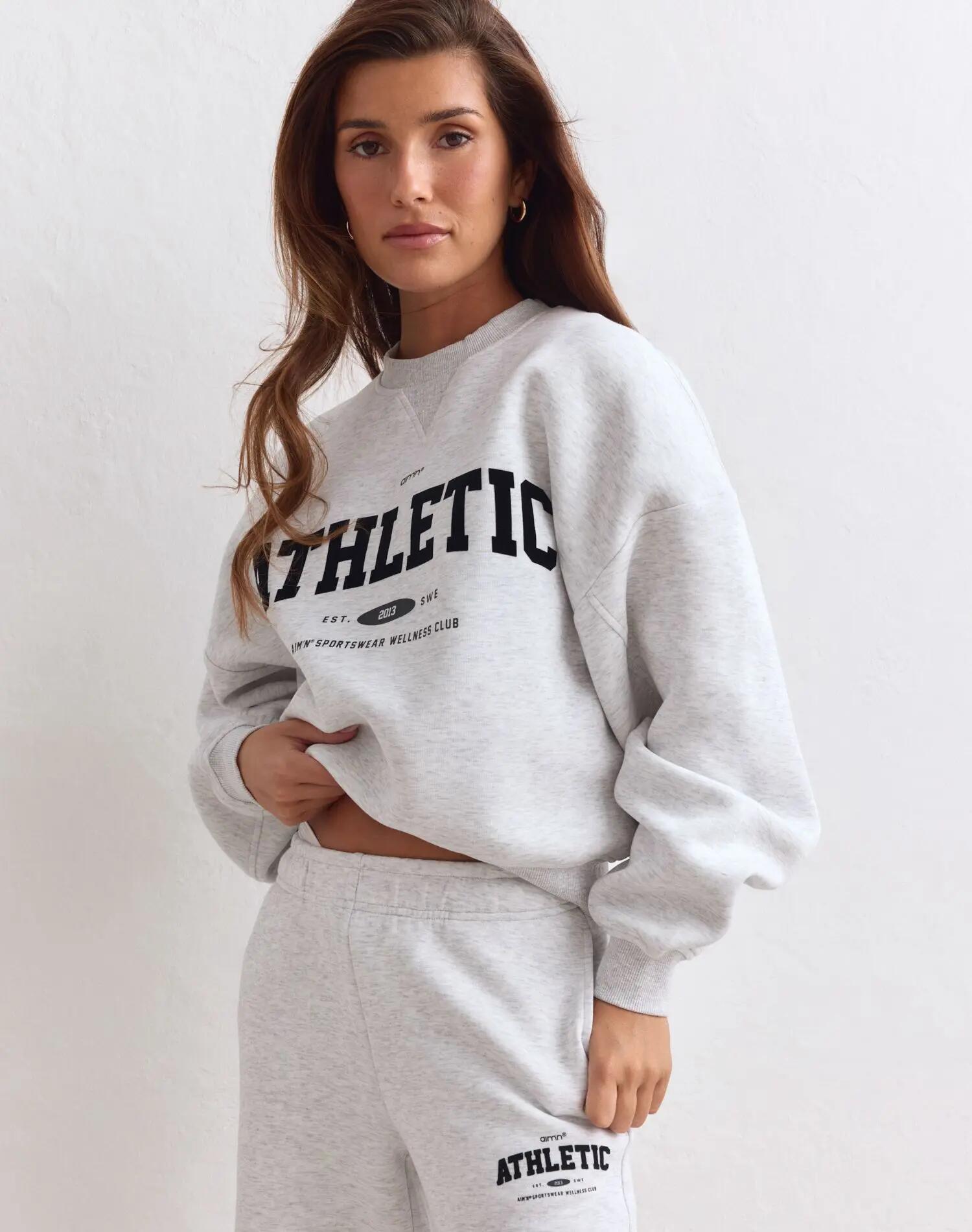 Damen Pullover Weit Geschnitten Schwer Leichtathletikverein Hellgrau Meliert 4/4