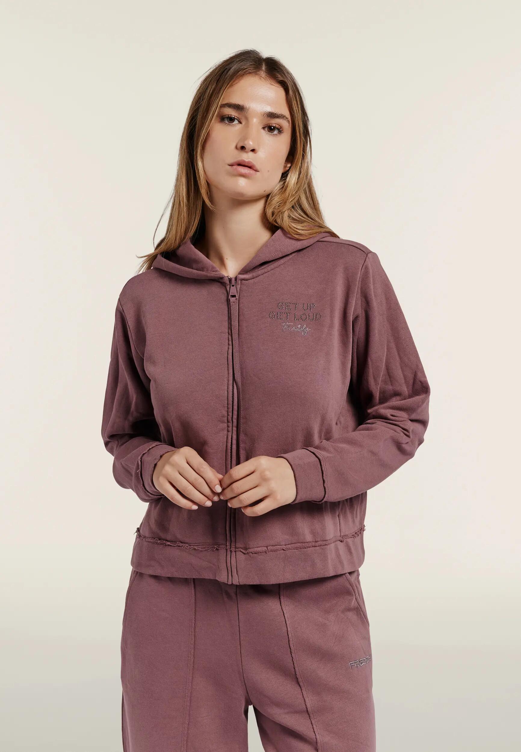 Felpa Cropped Donna in Tessuto Delavé con Zip e Cappuccio 2/6