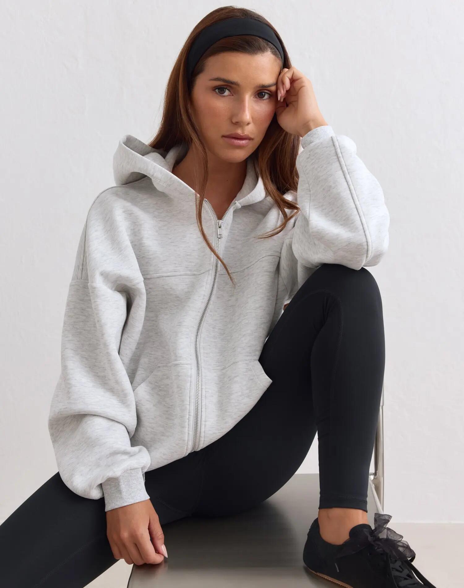Donna Felpa Ampia Cappuccio Lampo Totale Club Atletica Grigio Chiaro Screziato 4/5