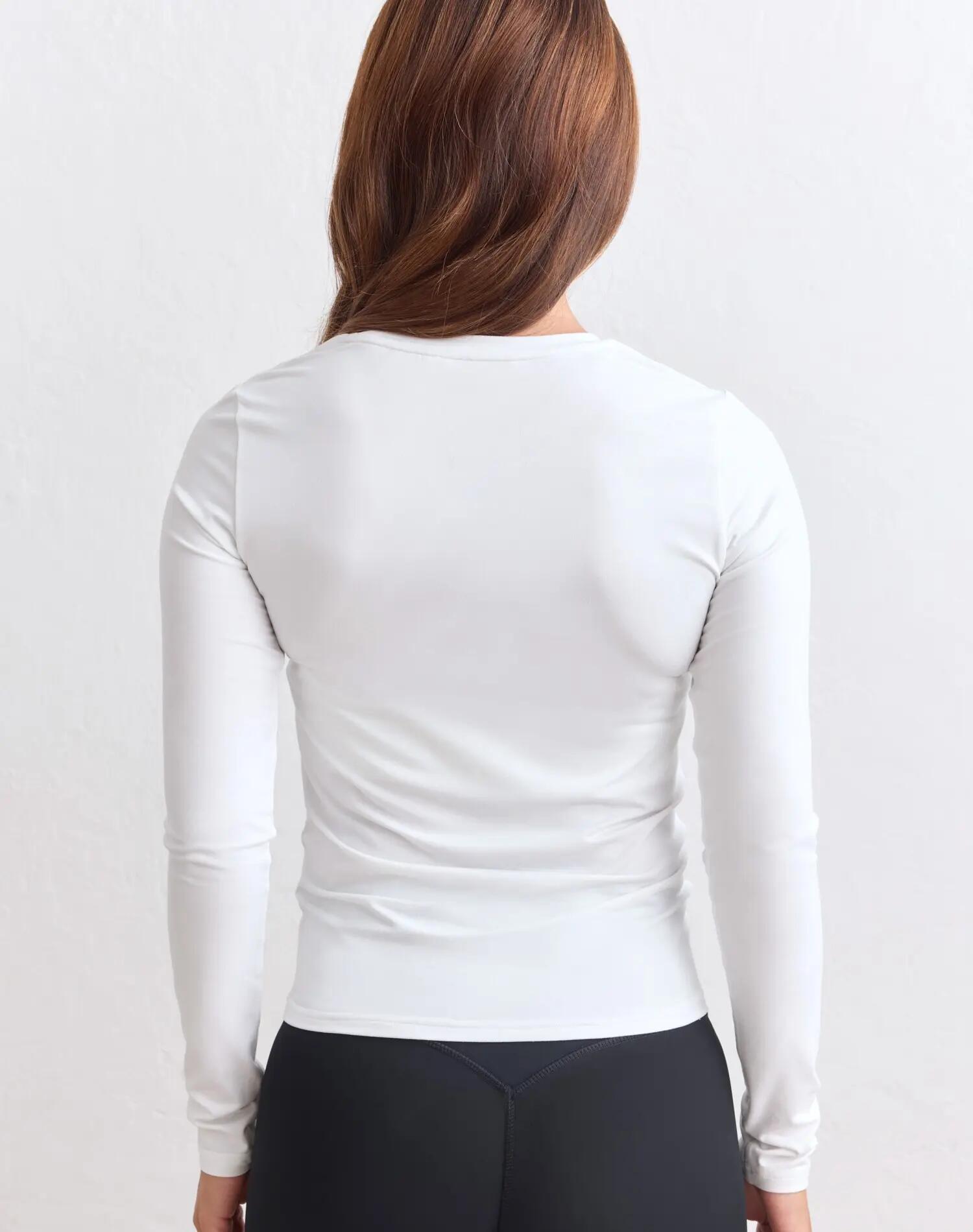 Dames shirt lange mouwen ronde hals sneldrogend zacht basismodel wit 2/4