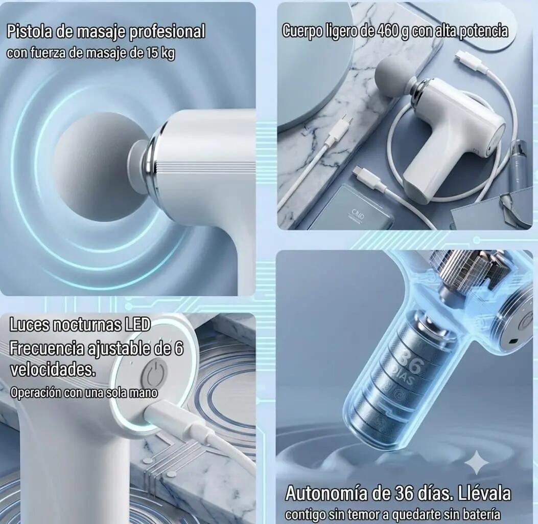 Pistolet de massage musculaire portable professionnel – 6 vitesses, 4 têtes 4/7