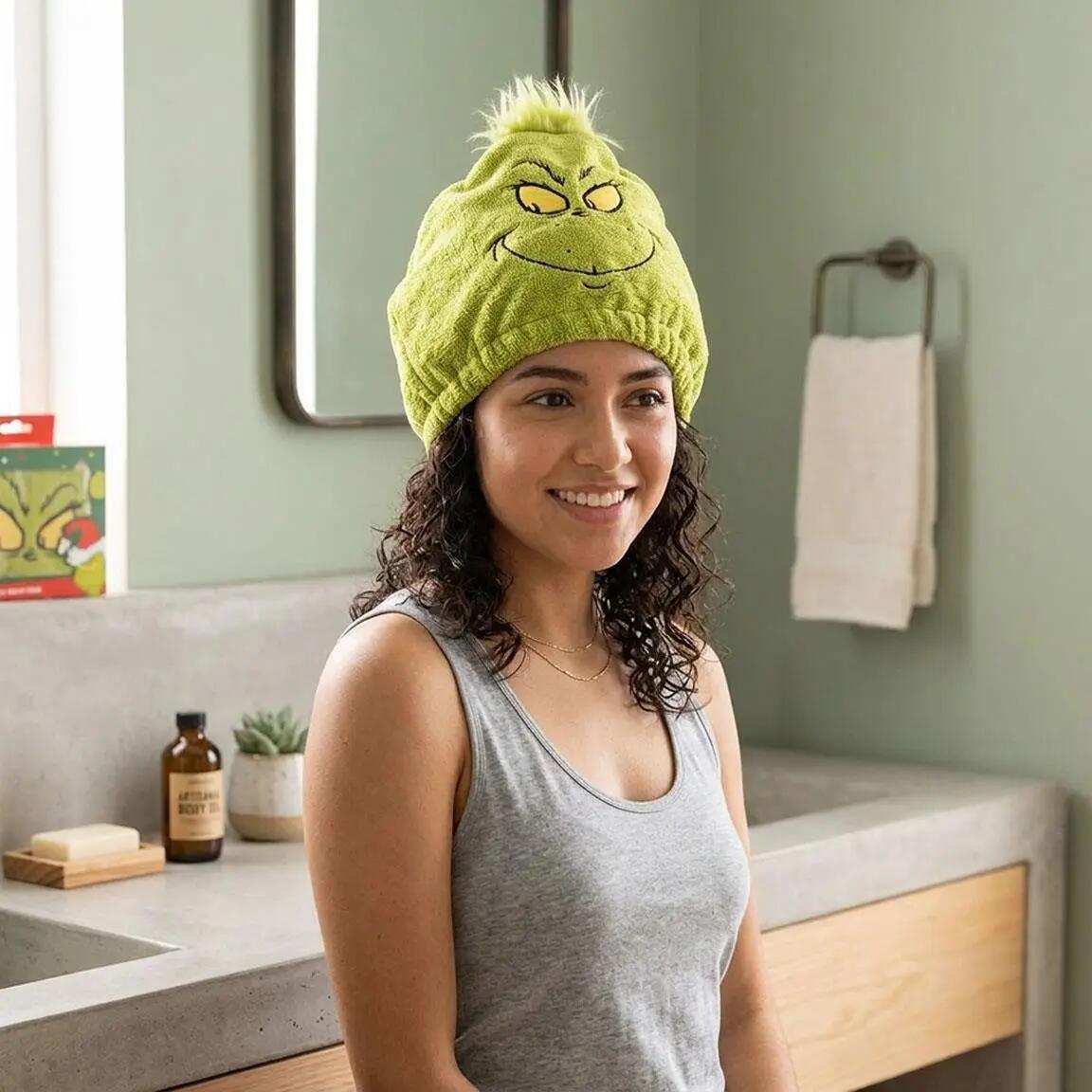 Haarhanddoek turbanmodel voor bad en douche The Grinch groen 6/7