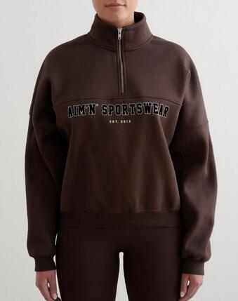 Damen Sweatshirt Halbreißverschluss Gebürsteter Jersey Locker College Lehmbraun