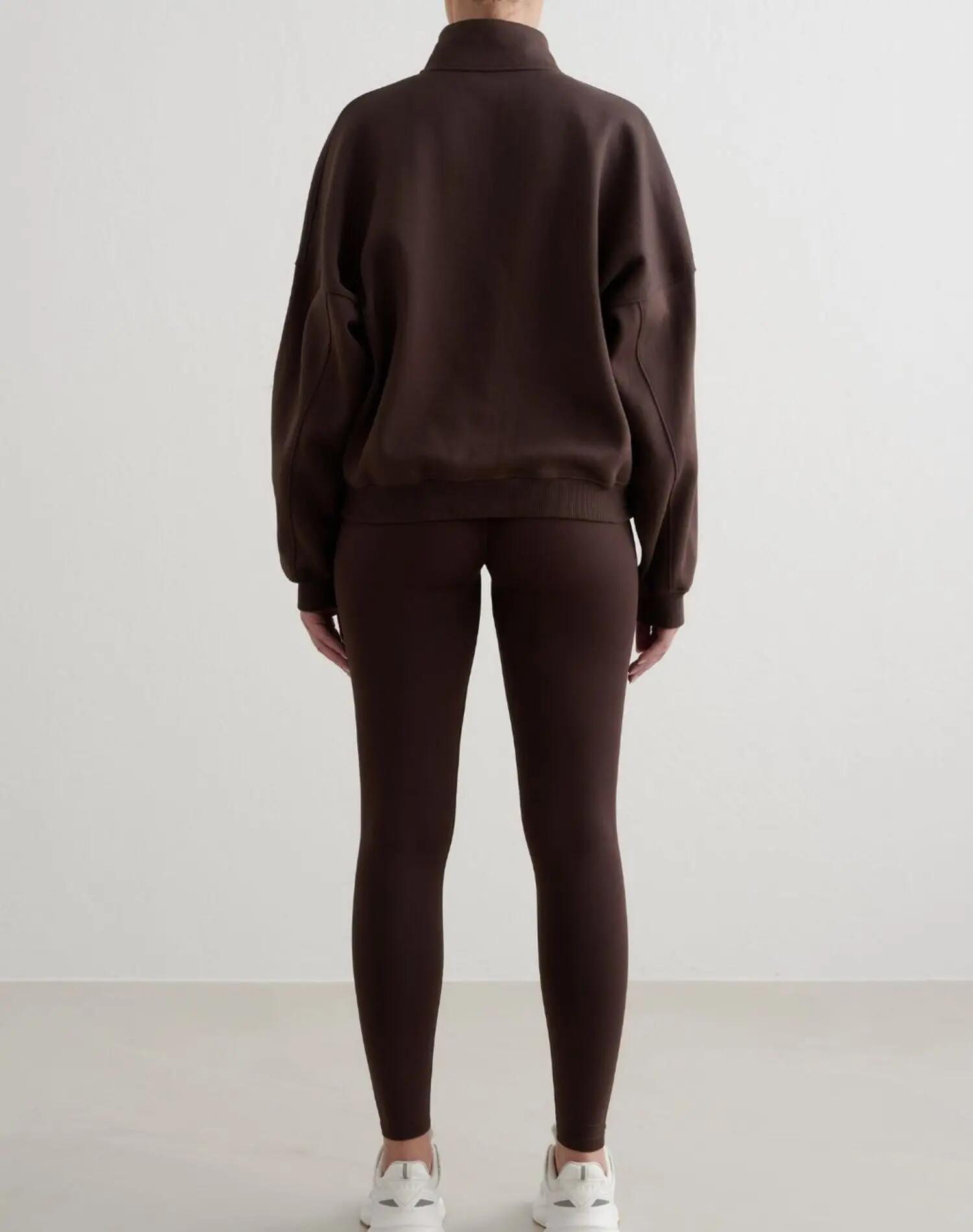 Women's Sweatshirt Half-Zip Brushed Jersey Relaxed Varsity Chocolate 6/6