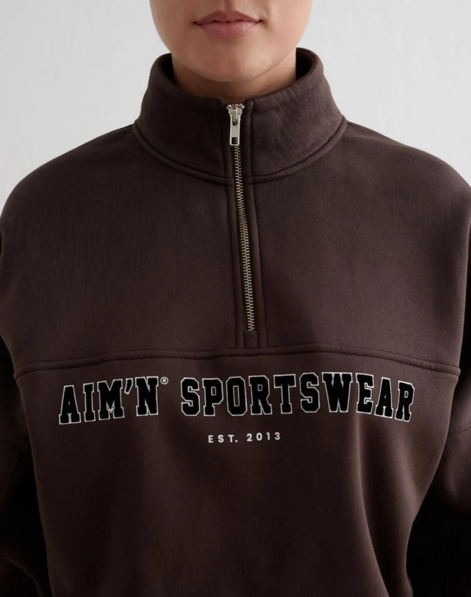Women's Sweatshirt Half-Zip Brushed Jersey Relaxed Varsity Chocolate 5/6