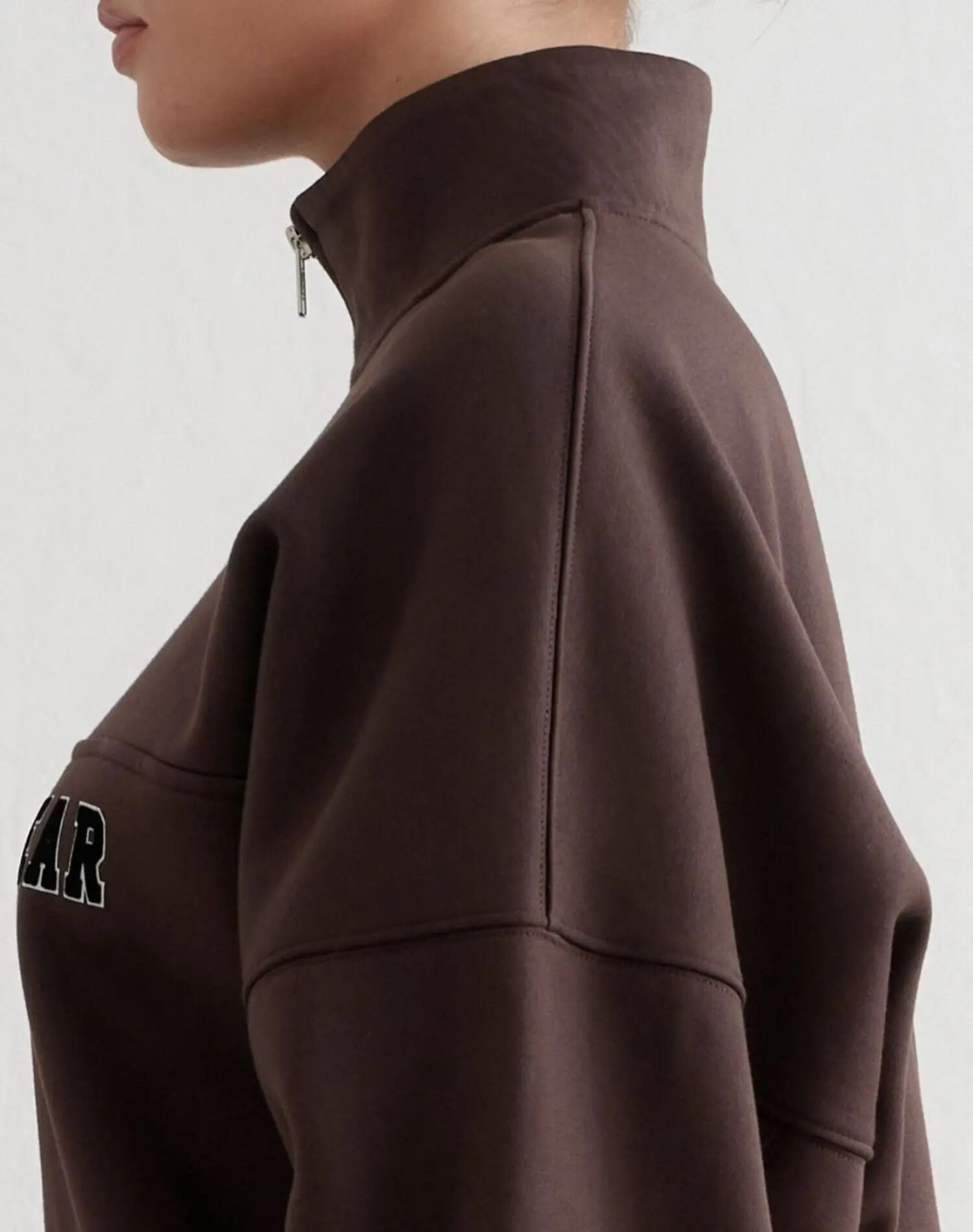 Women's Sweatshirt Half-Zip Brushed Jersey Relaxed Varsity Chocolate 4/6