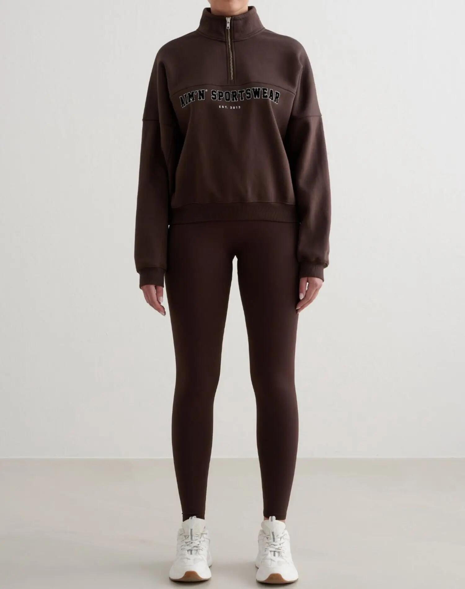 Women's Sweatshirt Half-Zip Brushed Jersey Relaxed Varsity Chocolate 3/6