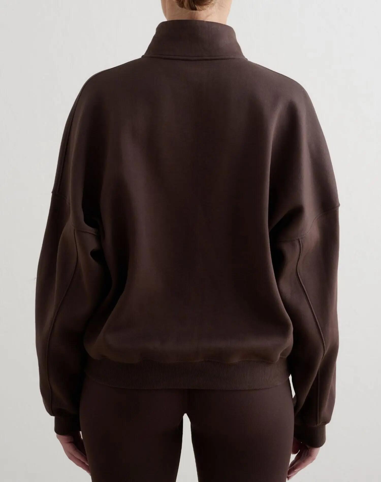 Women's Sweatshirt Half-Zip Brushed Jersey Relaxed Varsity Chocolate 2/6