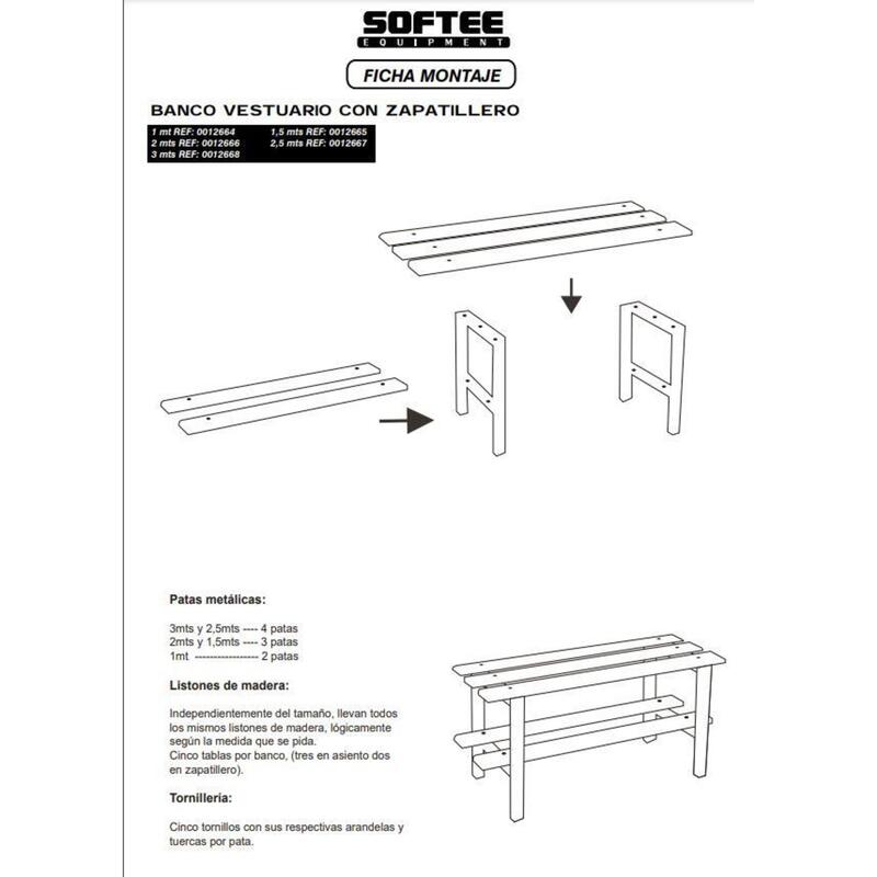 BANCO DE VESTUARIO SENCILLO 1,5 MTS CON ZAPATILLERO