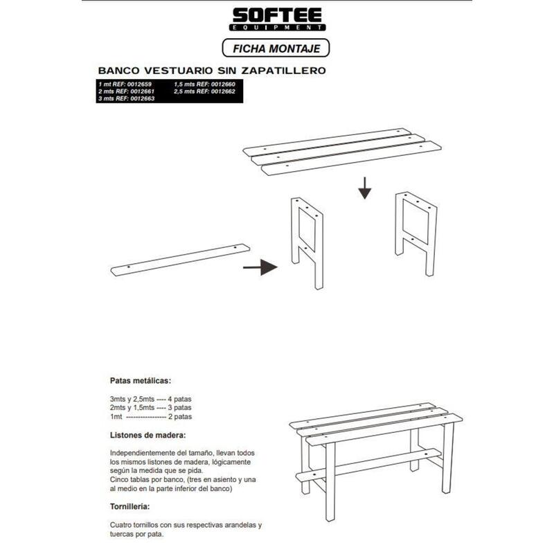 BANCO DE VESTUARIO SENCILLO SIN ZAPATILLERO  2,5 MTS
