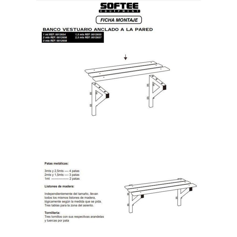 BANCO VESTUARIO ANCLADO A LA PARED 1.5 MTS