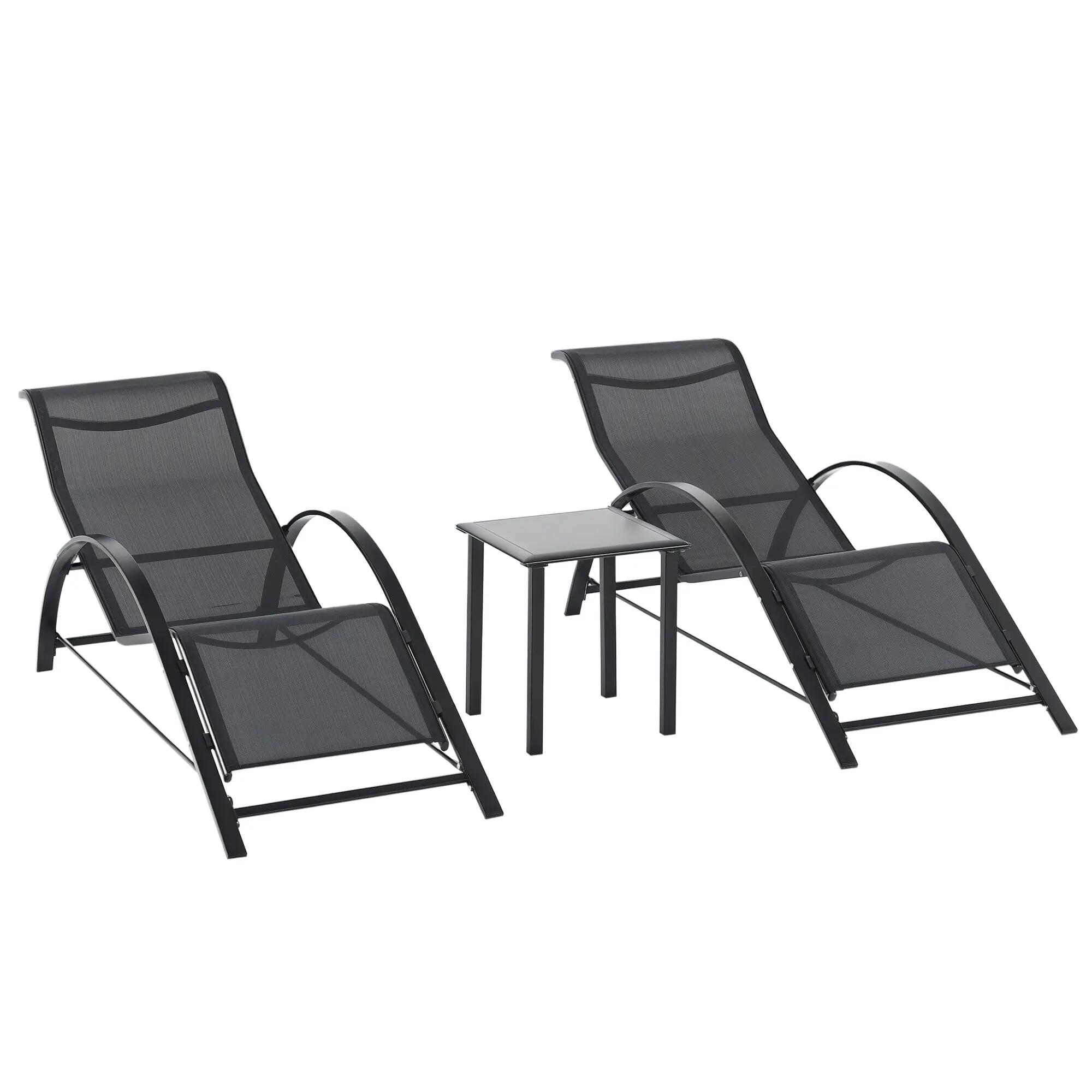 Ensemble de 2 chaises longues et table avec étagère, en tissu respirant et métal 1/9
