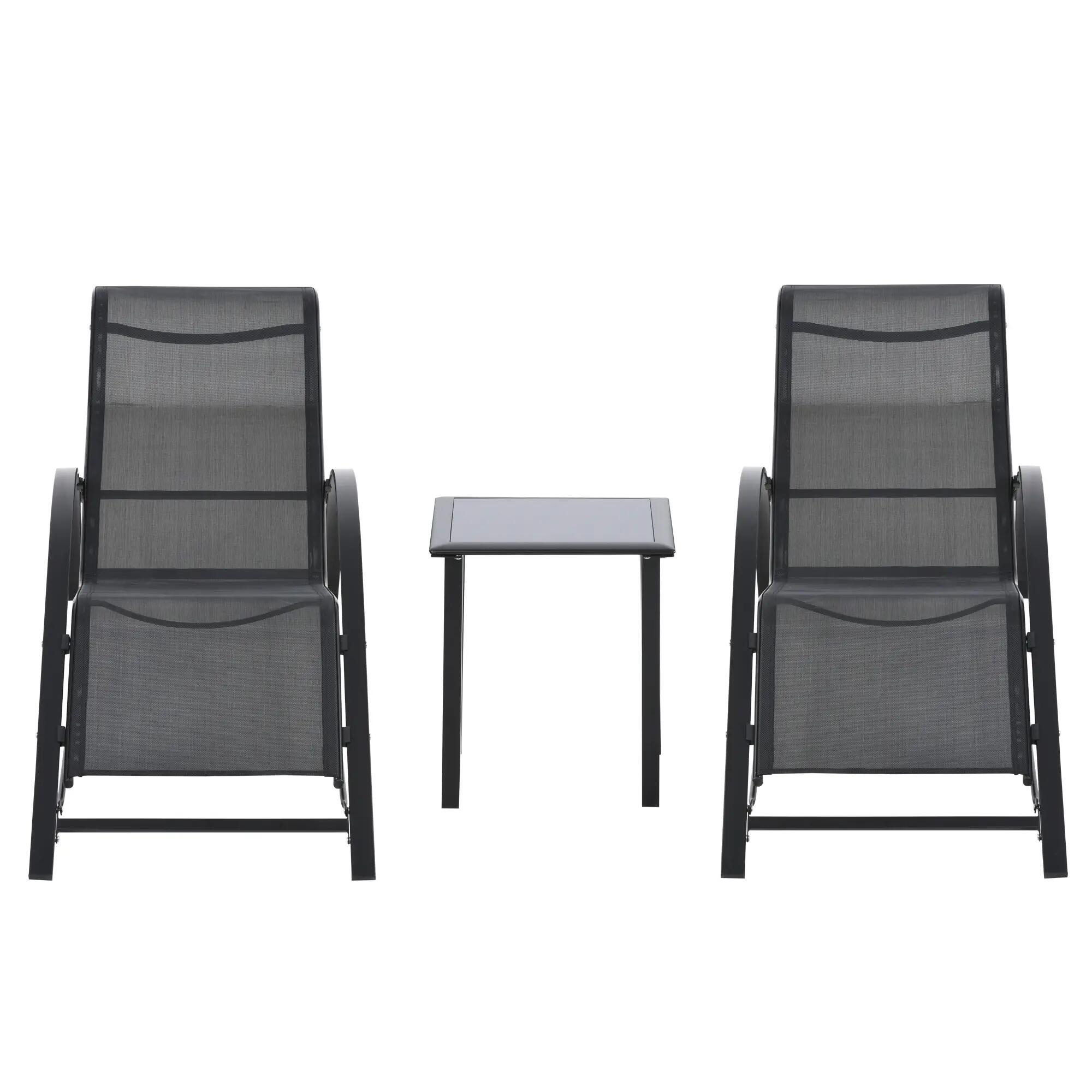 Ensemble de 2 chaises longues et table avec étagère, en tissu respirant et métal 2/9