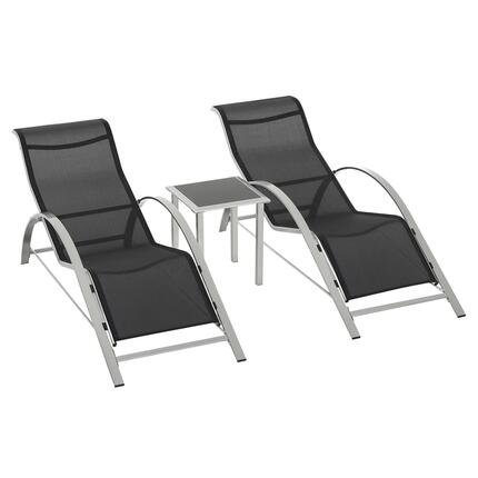 Ensemble de 2 chaises longues de jardin et table en verre, chaise longue en tiss