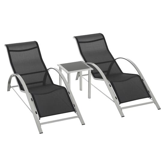 Ensemble de 2 chaises longues de jardin et table en verre, chaise longue en tiss