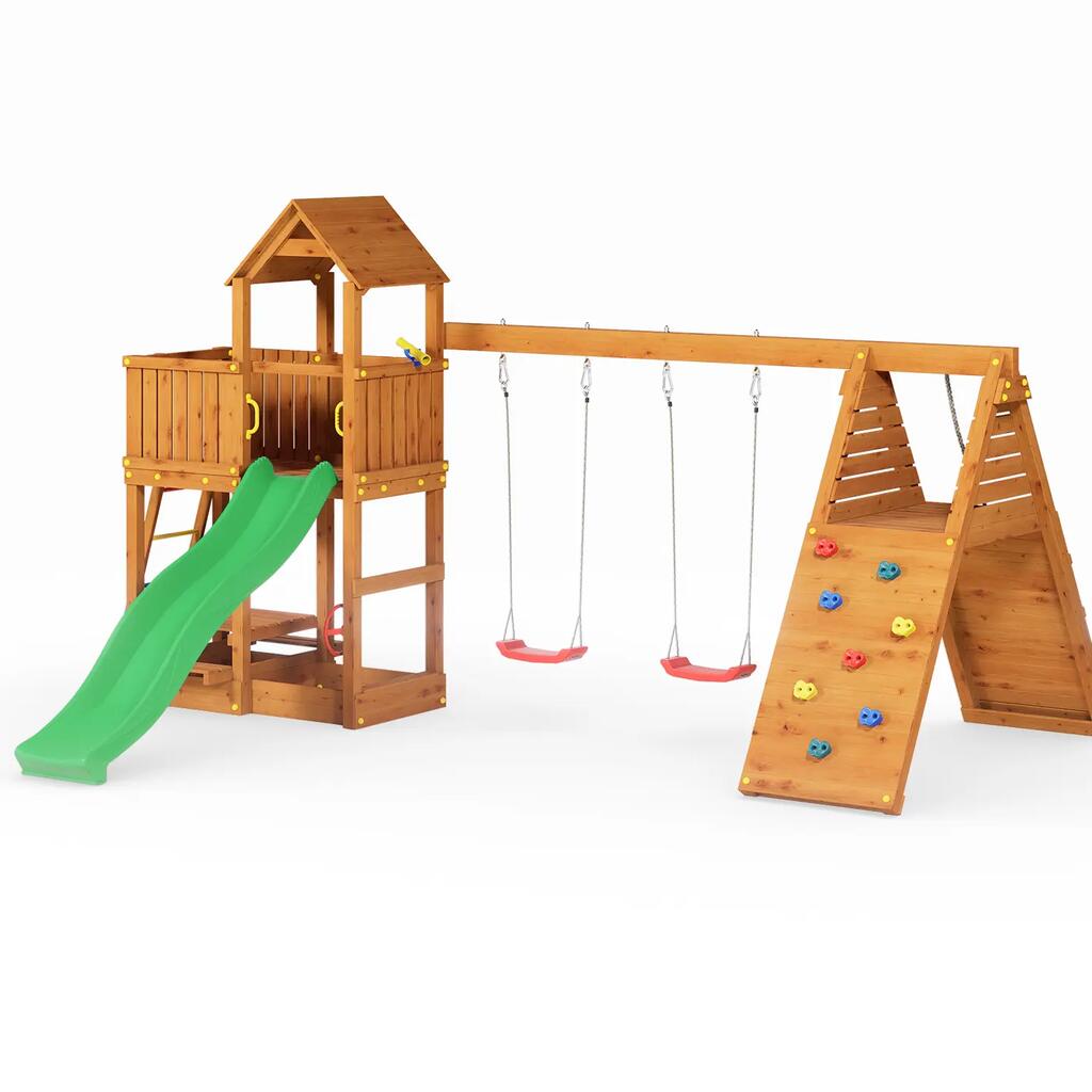 Fungoo 08970 FLUPPI DOUBLE дървена детска площадка с пързалка и 2 люлки